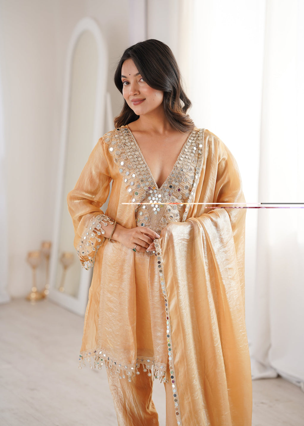 Lorenvalley Fashion Chiku Fendy Satin with Real Mirror with Coding Embroidered Lace work Kurta Pant with Dupatta - Distacart
