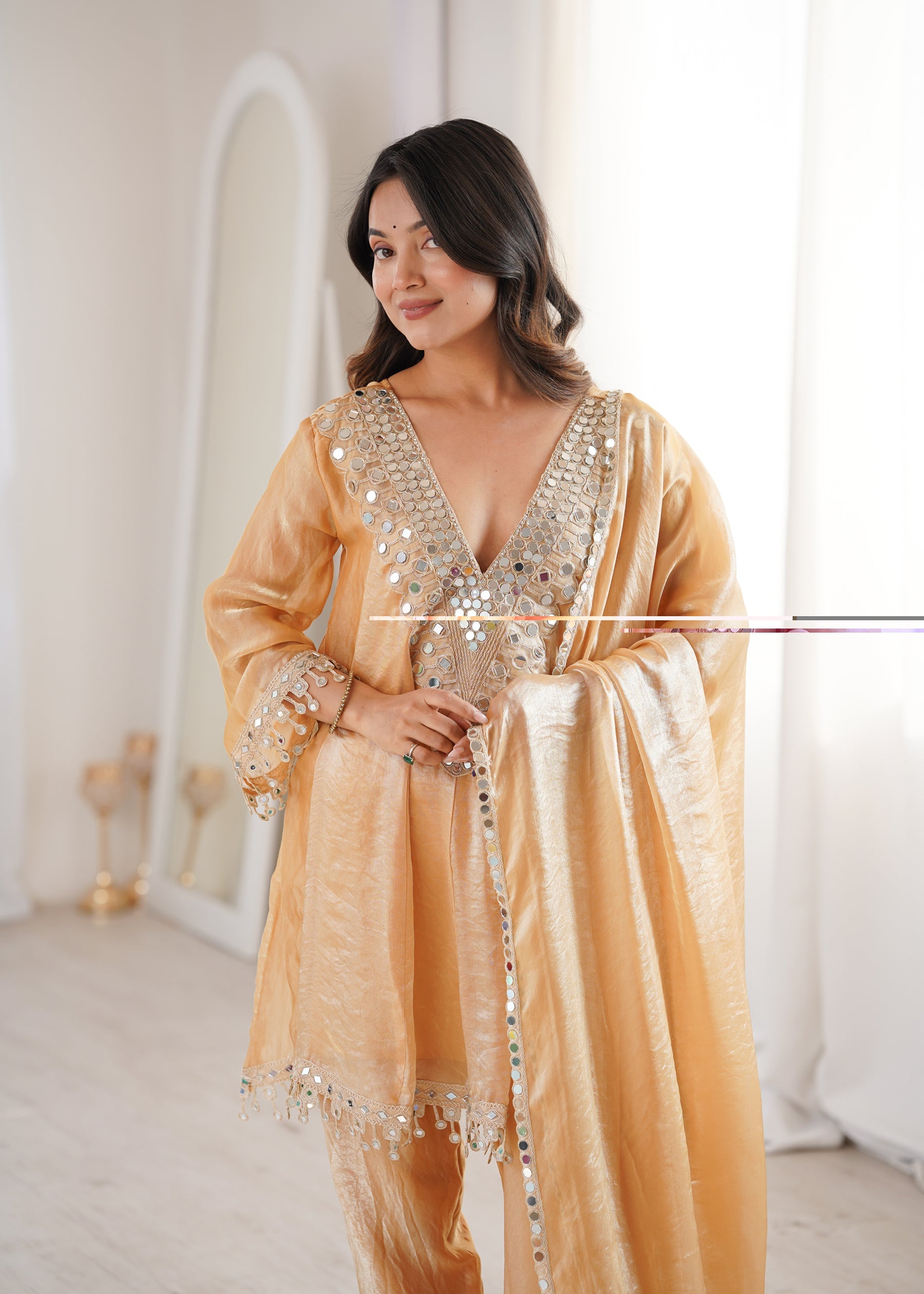 Lorenvalley Fashion Chiku Fendy Satin with Real Mirror with Coding Embroidered Lace work Kurta Pant with Dupatta - Distacart