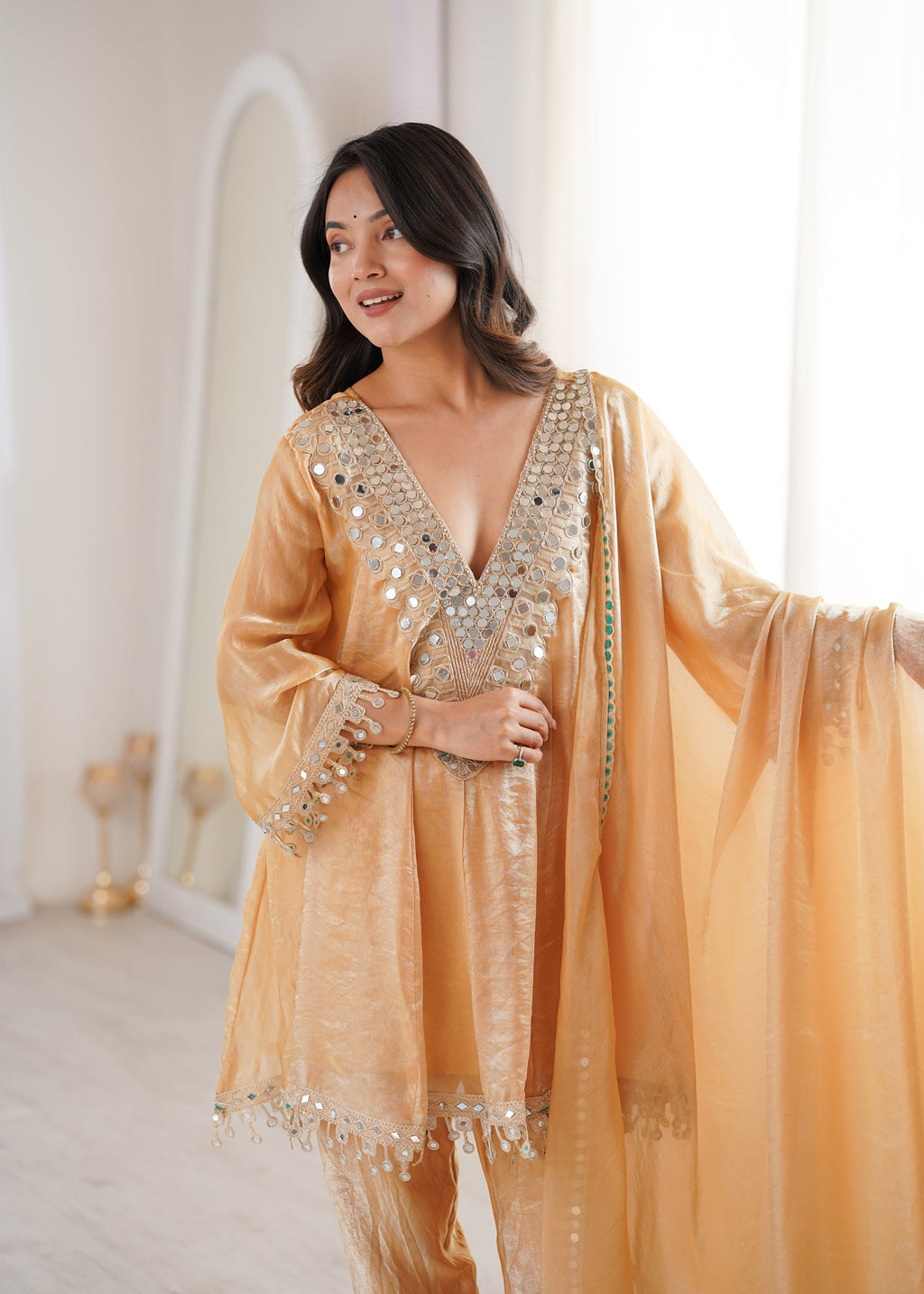Lorenvalley Fashion Chiku Fendy Satin with Real Mirror with Coding Embroidered Lace work Kurta Pant with Dupatta - Distacart