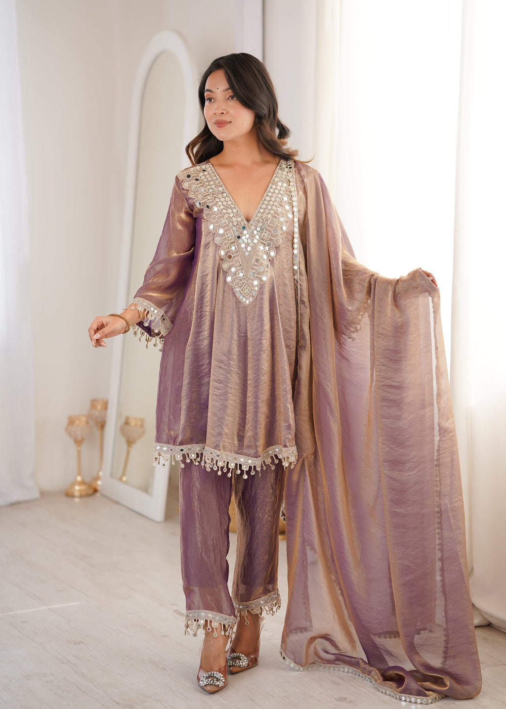 Lorenvalley Fashion Purple Fendy Satin with Real Mirror with Coding Embroidered Lace work Kurta Pant with Dupatta - Distacart