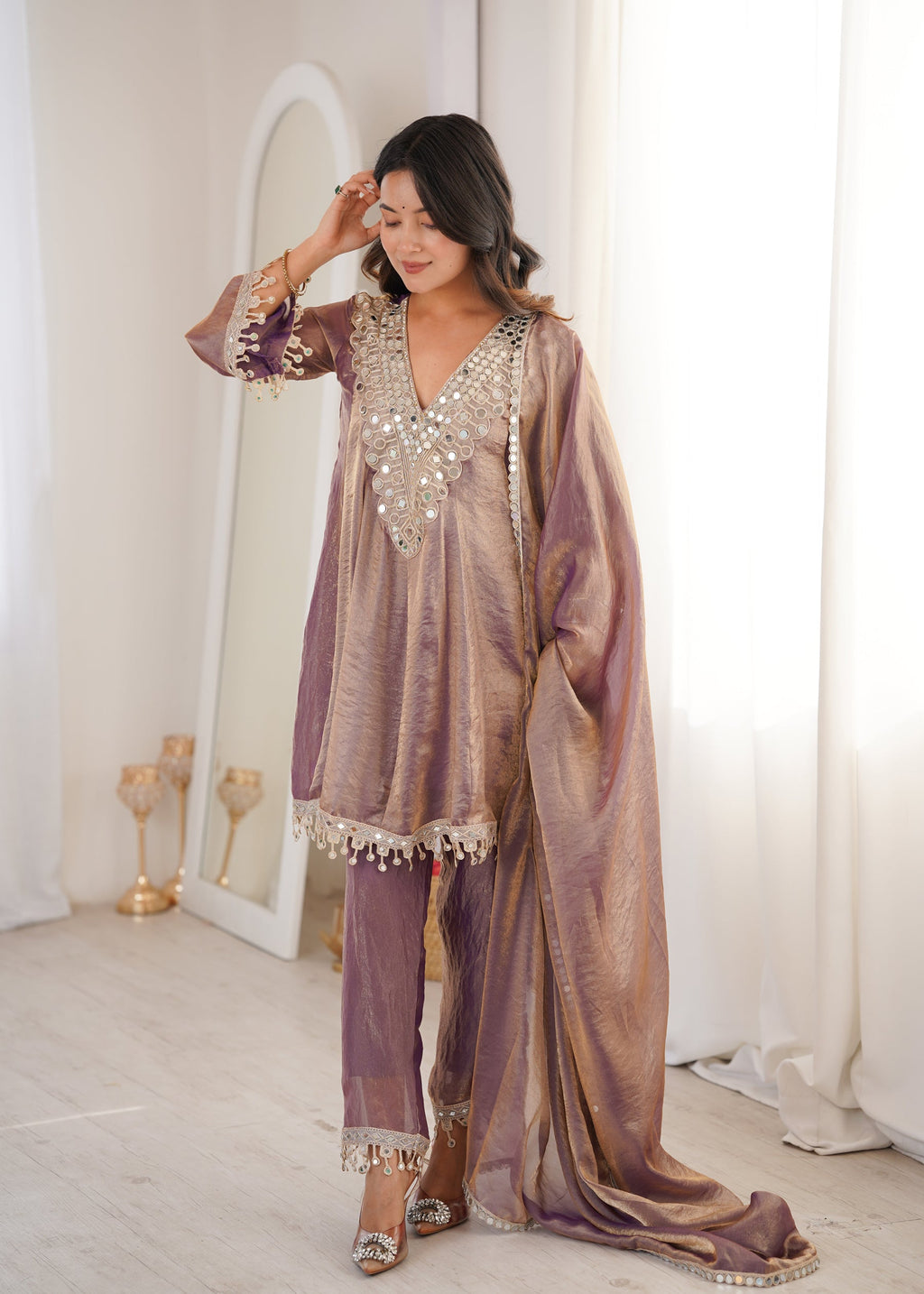 Lorenvalley Fashion Purple Fendy Satin with Real Mirror with Coding Embroidered Lace work Kurta Pant with Dupatta - Distacart