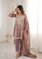 Lorenvalley Fashion Purple Fendy Satin with Real Mirror with Coding Embroidered Lace work Kurta Pant with Dupatta - Distacart