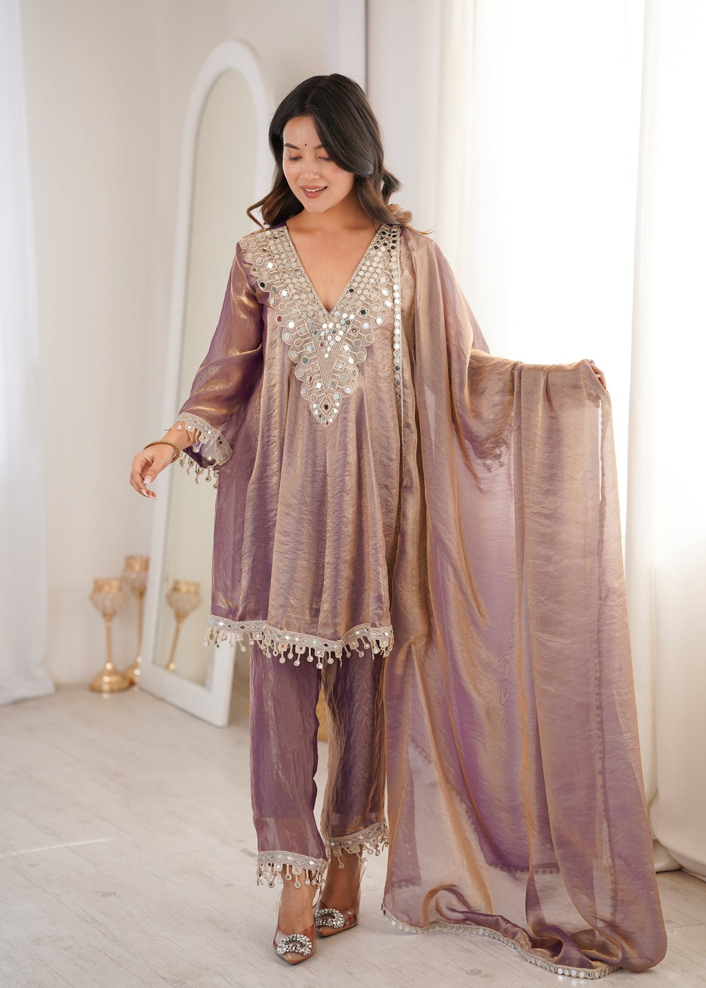 Lorenvalley Fashion Purple Fendy Satin with Real Mirror with Coding Embroidered Lace work Kurta Pant with Dupatta - Distacart