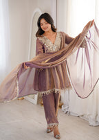 Lorenvalley Fashion Purple Fendy Satin with Real Mirror with Coding Embroidered Lace work Kurta Pant with Dupatta - Distacart