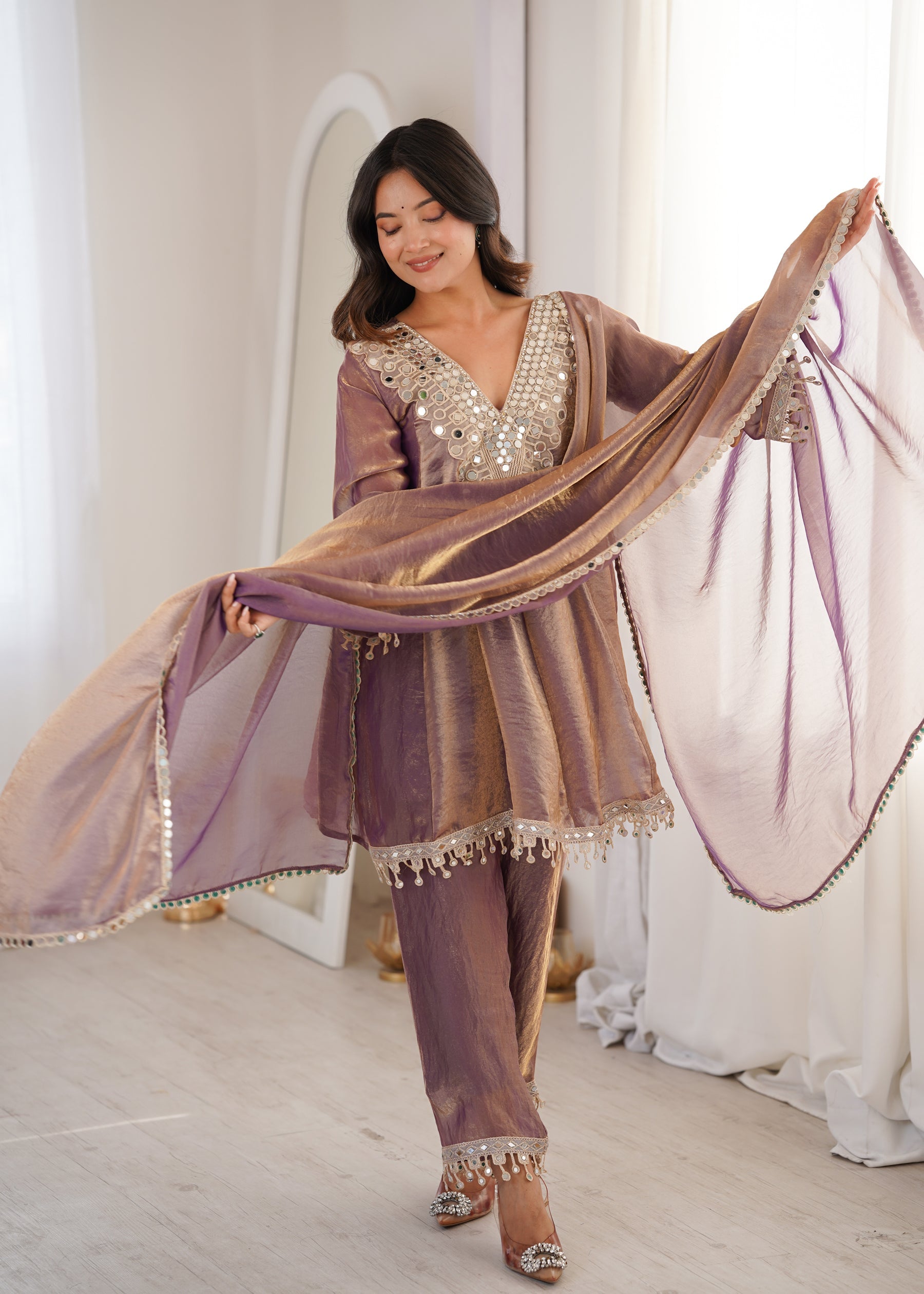 Lorenvalley Fashion Purple Fendy Satin with Real Mirror with Coding Embroidered Lace work Kurta Pant with Dupatta - Distacart