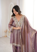 Lorenvalley Fashion Purple Fendy Satin with Real Mirror with Coding Embroidered Lace work Kurta Pant with Dupatta - Distacart