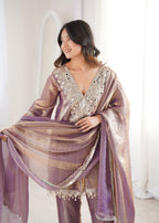 Lorenvalley Fashion Purple Fendy Satin with Real Mirror with Coding Embroidered Lace work Kurta Pant with Dupatta - Distacart