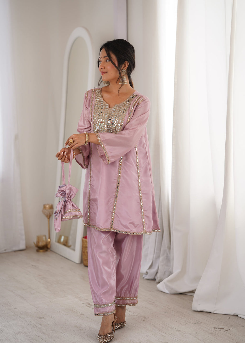 Lorenvalley Fashion Pink H O Silk with Real Mirror Embroidered work Kurta Pant with Batwa - Distacart