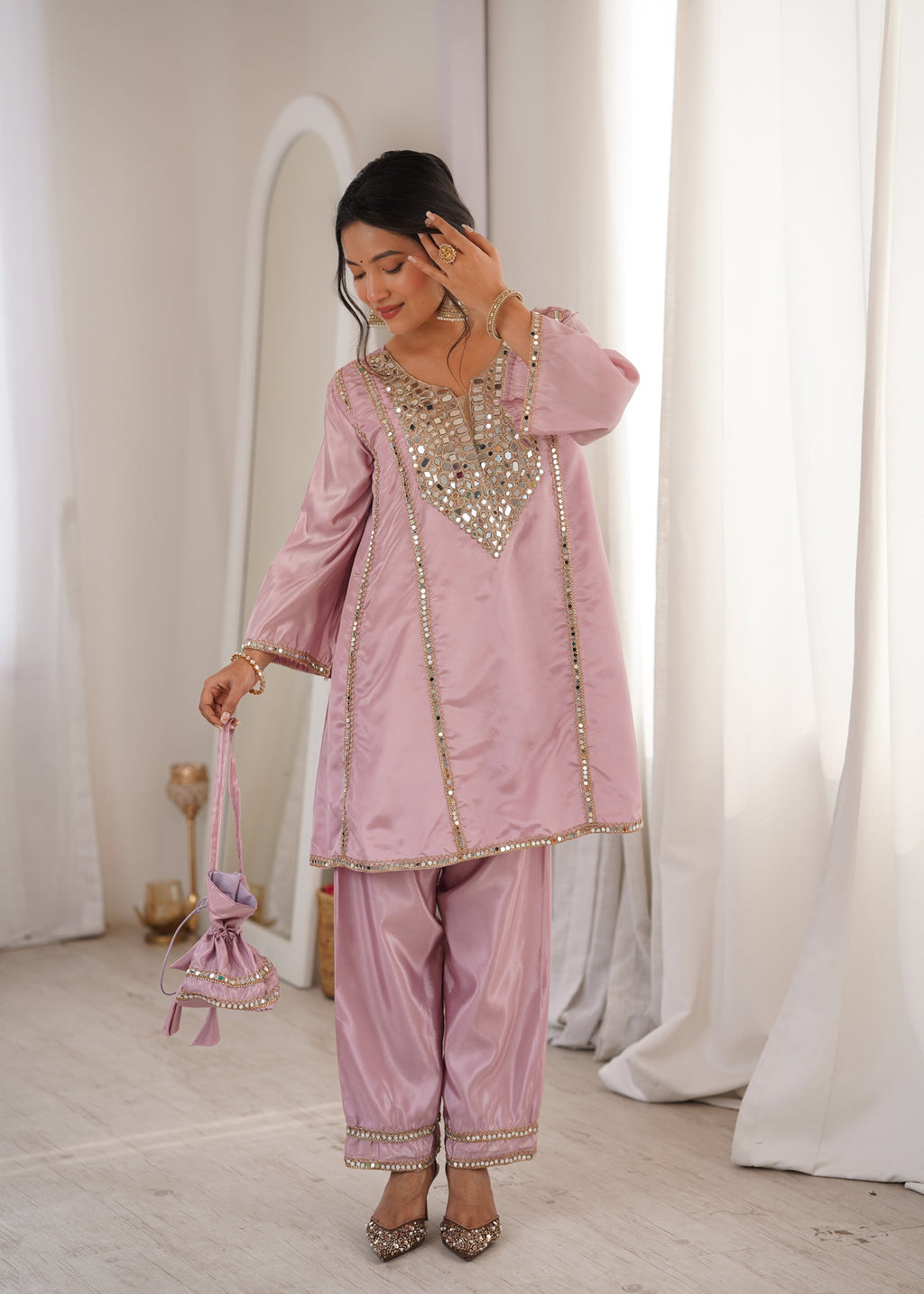 Lorenvalley Fashion Pink H O Silk with Real Mirror Embroidered work Kurta Pant with Batwa - Distacart