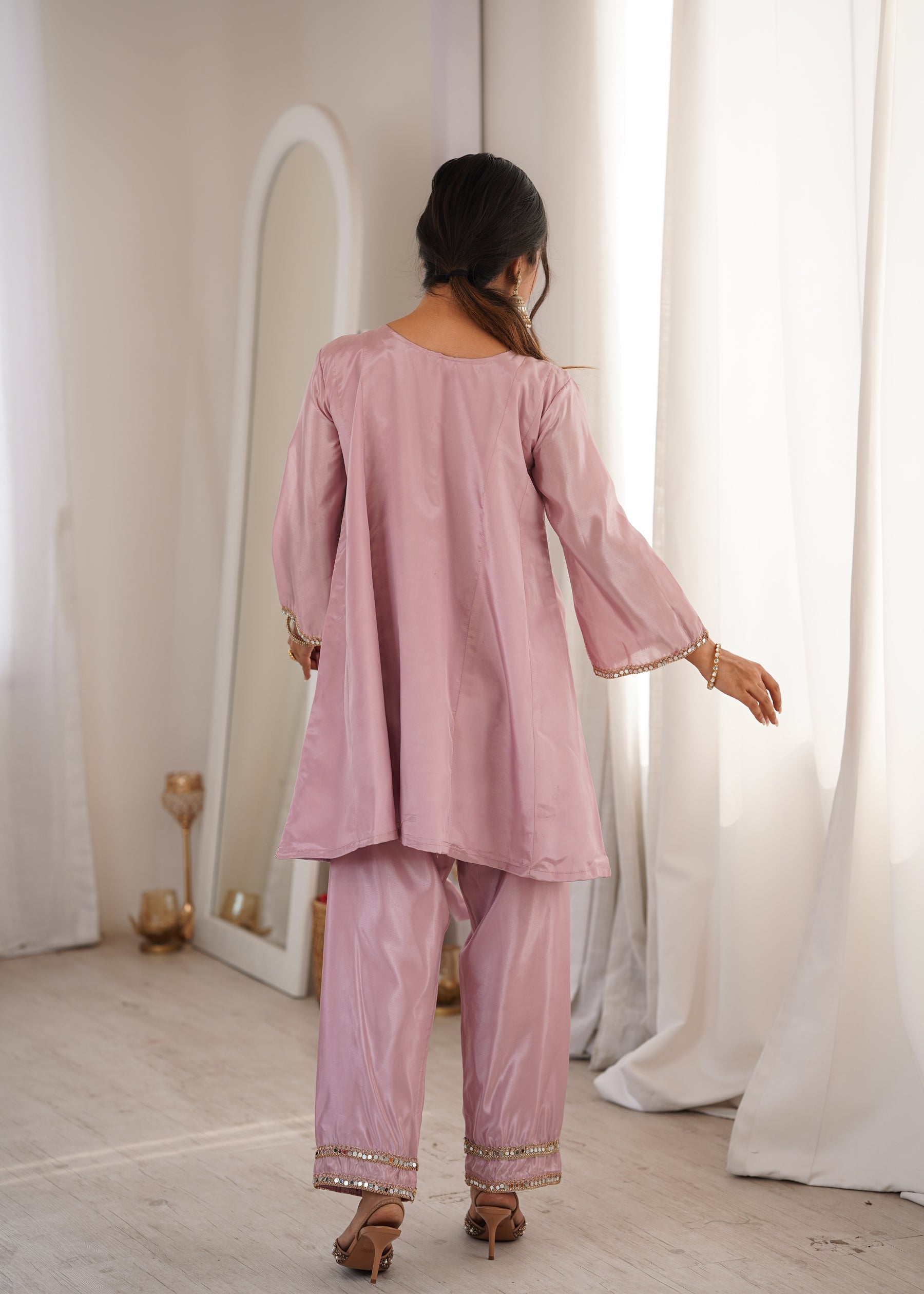 Lorenvalley Fashion Pink H O Silk with Real Mirror Embroidered work Kurta Pant with Batwa - Distacart