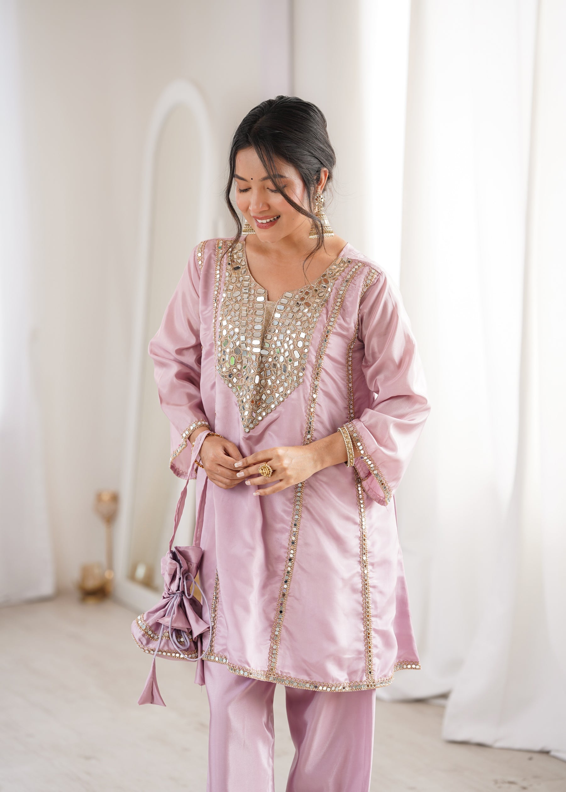 Lorenvalley Fashion Pink H O Silk with Real Mirror Embroidered work Kurta Pant with Batwa - Distacart