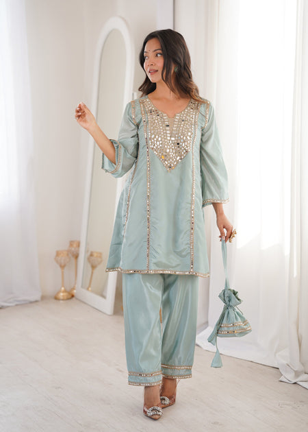 Lorenvalley Fashion Skyblue H O Silk with Real Mirror Embroidered work Kurta Pant with Batwa