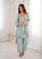 Lorenvalley Fashion Skyblue H O Silk with Real Mirror Embroidered work Kurta Pant with Batwa - Distacart