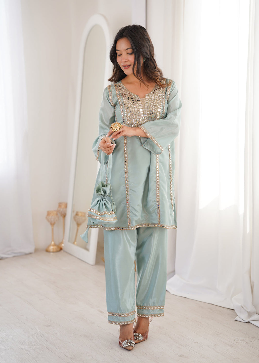 Lorenvalley Fashion Skyblue H O Silk with Real Mirror Embroidered work Kurta Pant with Batwa - Distacart