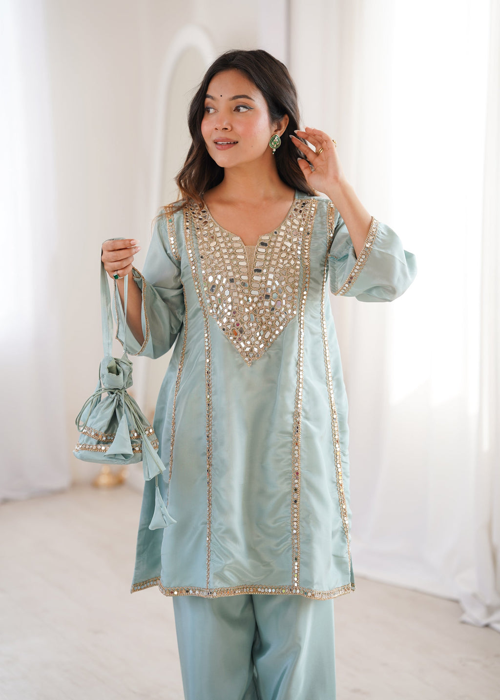 Lorenvalley Fashion Skyblue H O Silk with Real Mirror Embroidered work Kurta Pant with Batwa - Distacart