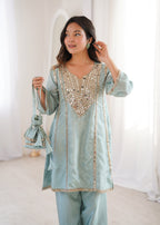 Lorenvalley Fashion Skyblue H O Silk with Real Mirror Embroidered work Kurta Pant with Batwa - Distacart