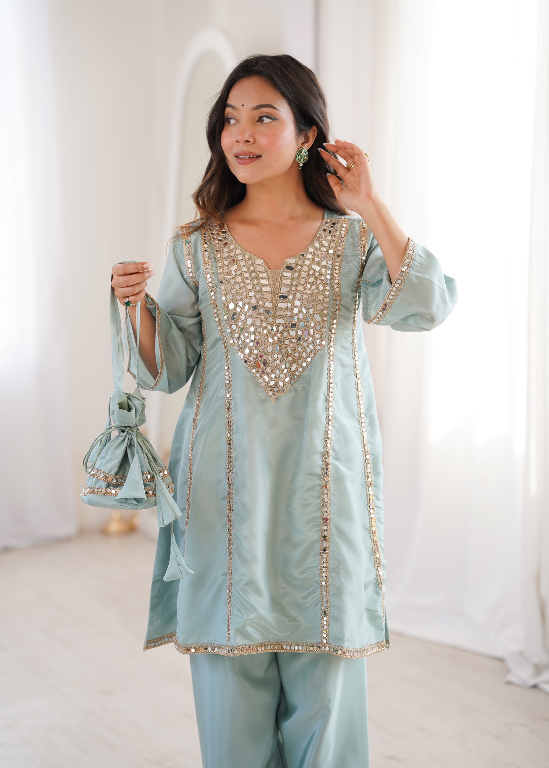 Lorenvalley Fashion Skyblue H O Silk with Real Mirror Embroidered work Kurta Pant with Batwa - Distacart