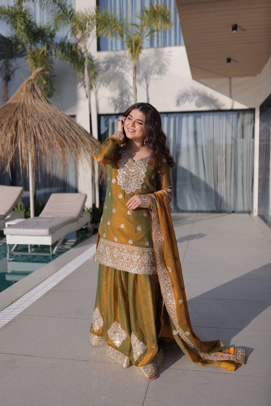 Lorenvalley Fashion Mehendi Fendy Chiffon with Zari Sequins Coding Embroidered work Kurta Palazzo with Dupatta - Distacart