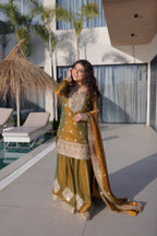 Lorenvalley Fashion Mehendi Fendy Chiffon with Zari Sequins Coding Embroidered work Kurta Palazzo with Dupatta - Distacart