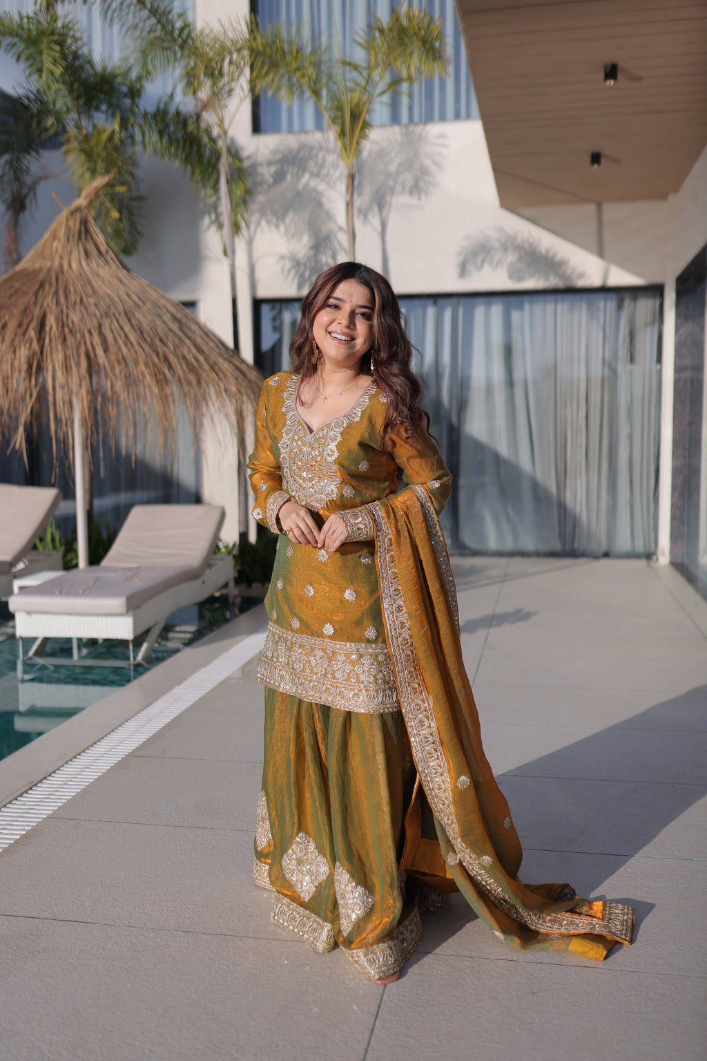Lorenvalley Fashion Mehendi Fendy Chiffon with Zari Sequins Coding Embroidered work Kurta Palazzo with Dupatta - Distacart
