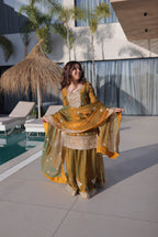 Lorenvalley Fashion Mehendi Fendy Chiffon with Zari Sequins Coding Embroidered work Kurta Palazzo with Dupatta - Distacart