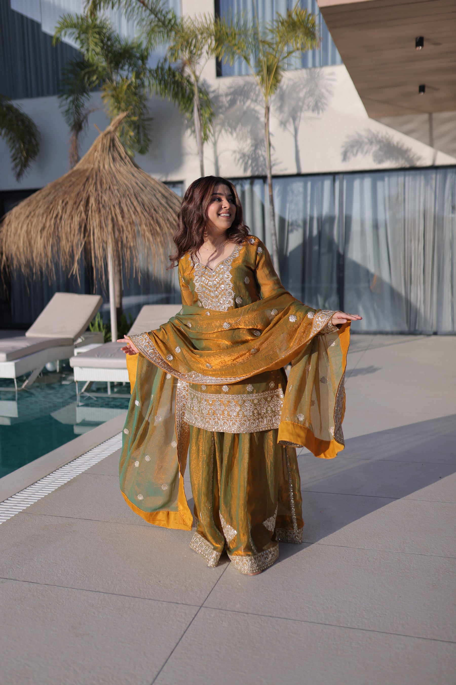 Lorenvalley Fashion Mehendi Fendy Chiffon with Zari Sequins Coding Embroidered work Kurta Palazzo with Dupatta - Distacart
