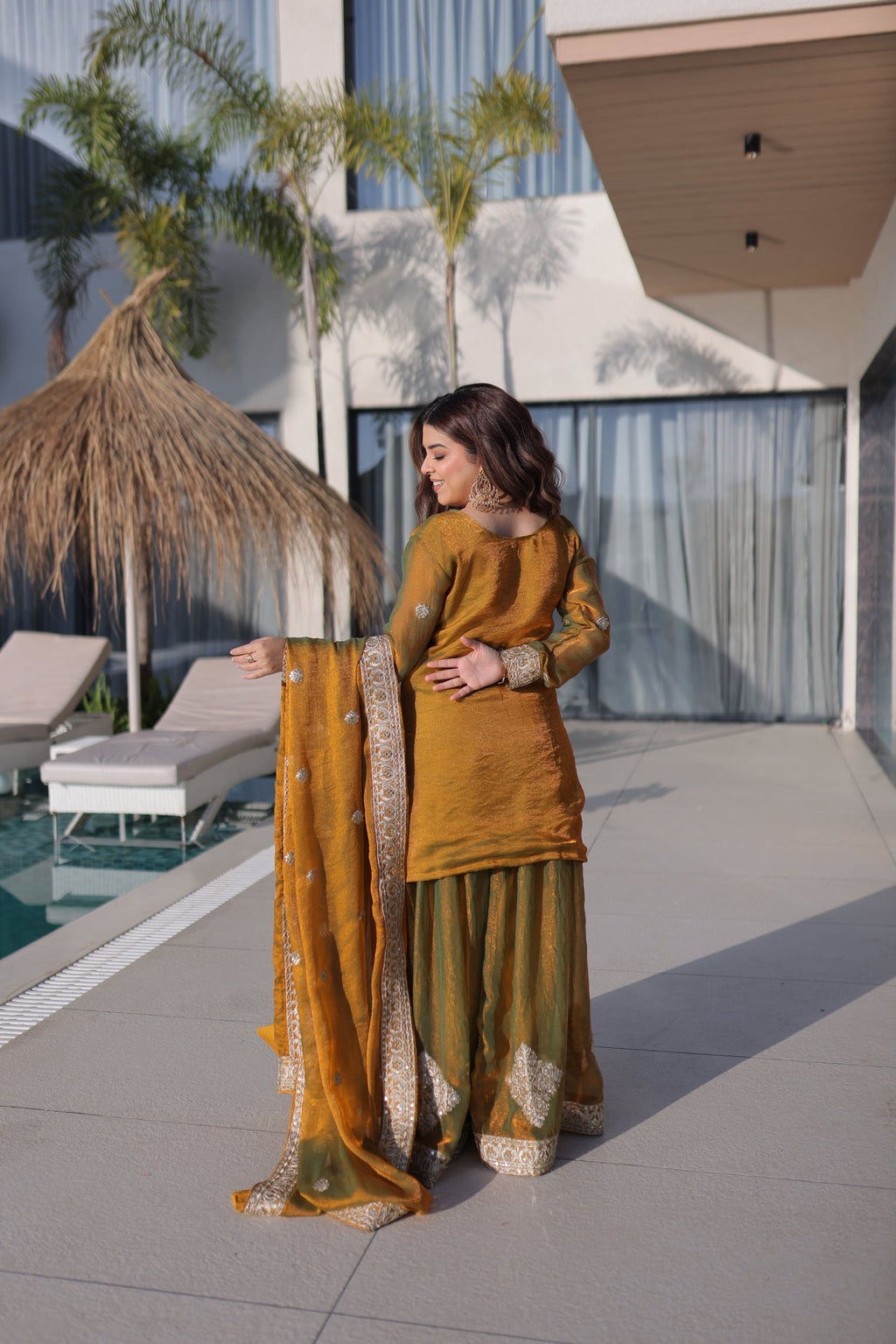 Lorenvalley Fashion Mehendi Fendy Chiffon with Zari Sequins Coding Embroidered work Kurta Palazzo with Dupatta - Distacart