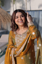 Lorenvalley Fashion Mehendi Fendy Chiffon with Zari Sequins Coding Embroidered work Kurta Palazzo with Dupatta - Distacart
