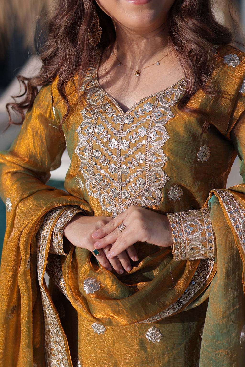 Lorenvalley Fashion Mehendi Fendy Chiffon with Zari Sequins Coding Embroidered work Kurta Palazzo with Dupatta - Distacart