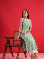 Indo Era Geometric Printed Round Neck Sleeveless Gotta Patti Cotton Straight Kurta - Distacart