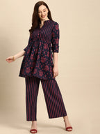 All About You Women Blue & Pink Bandhani Printed Pleated Kurti with Palazzos