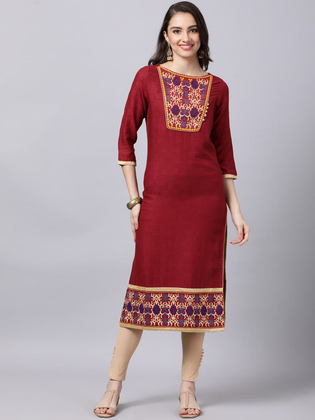 Souchii Maroon & Yellow Thread Work Grandeur & Majestic Artwork Cotton Kurta - Distacart