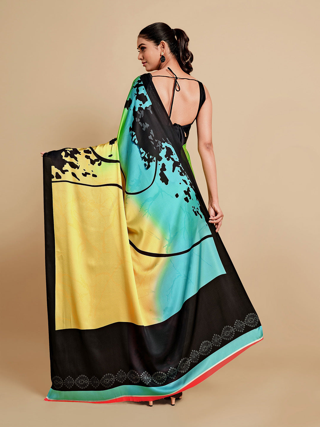 Sangria Lime Green & Blue Satin Saree - Distacart