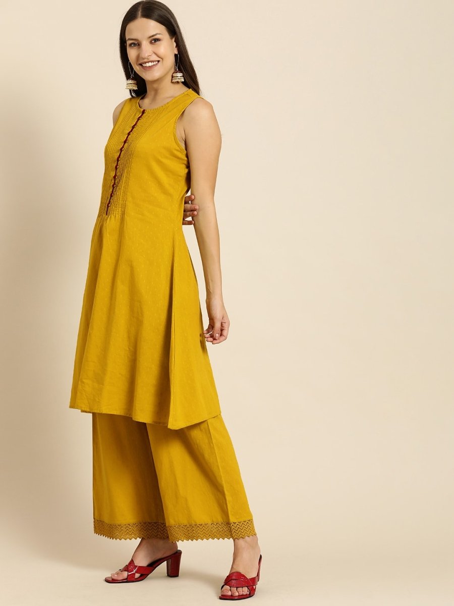 All About You Women Mustard Yellow Self Design Pure Cotton A-Line Kurta with Palazzos