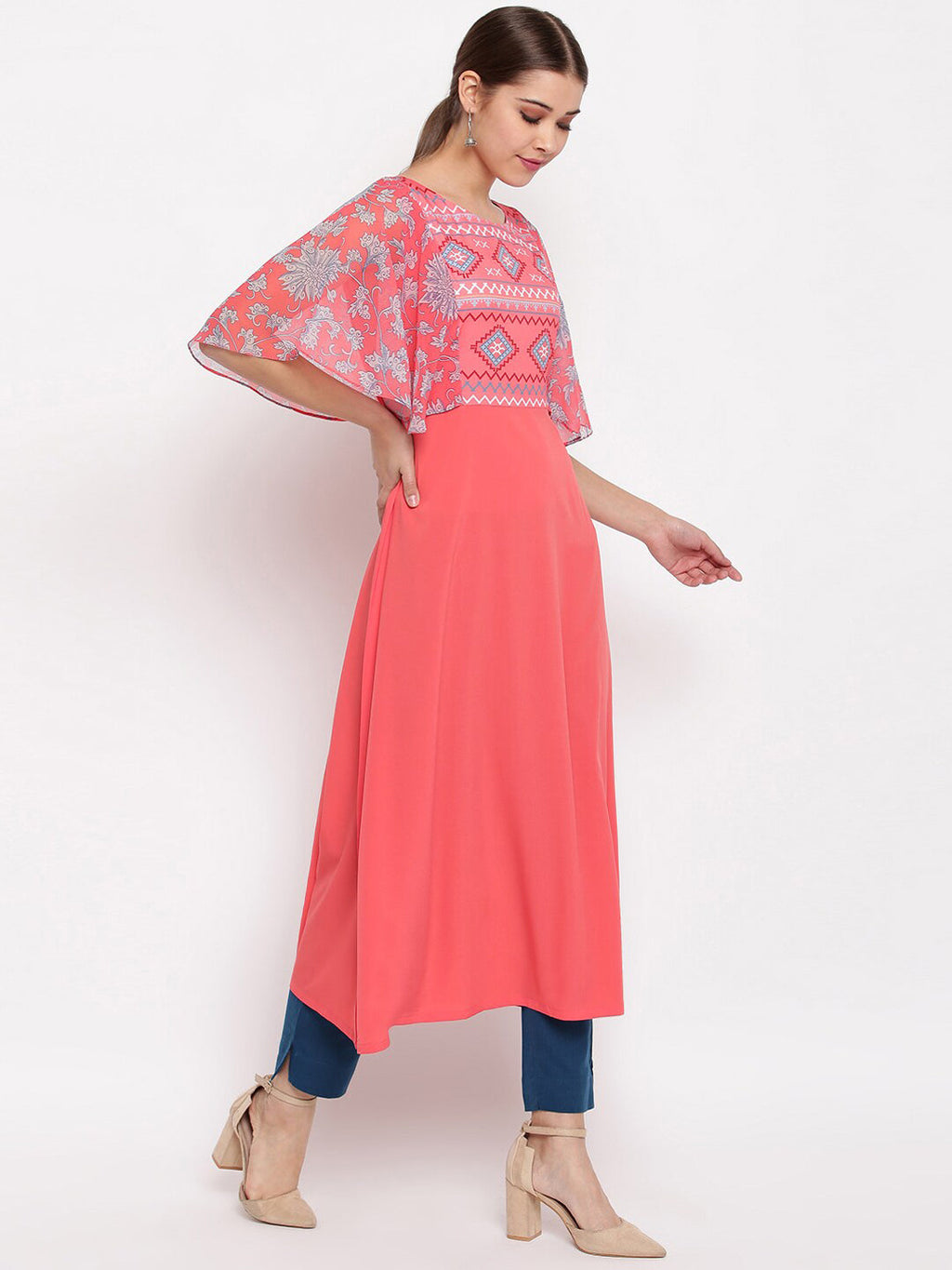Janasya Coral Geometric Yoke Design Flared Sleeves Crepe Kurta - Distacart