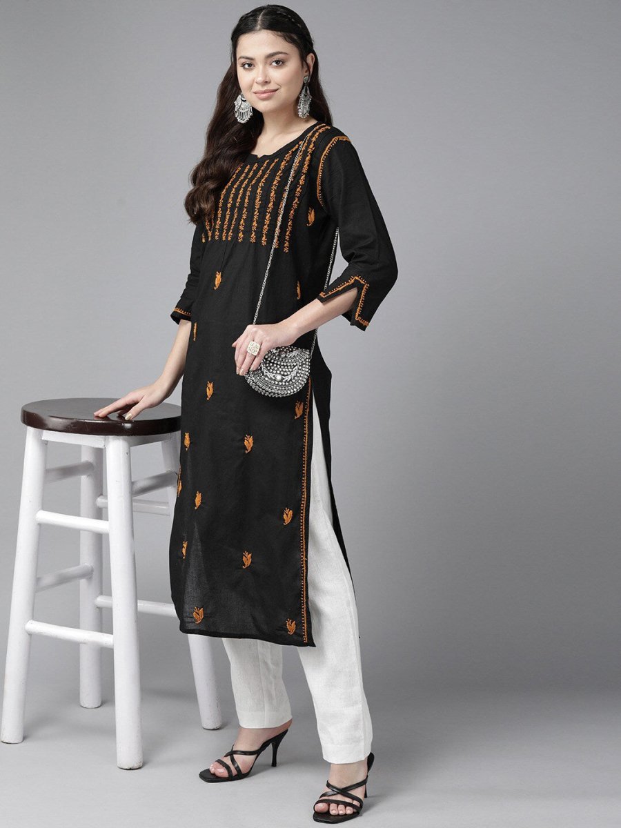 ADA Ethnic Motifs Embroidered Chikankari Cotton Straight Kurta