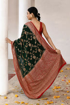 Joban Fashion Green Crepe Chiffon Pure Handloom Banarasi Silk Saree