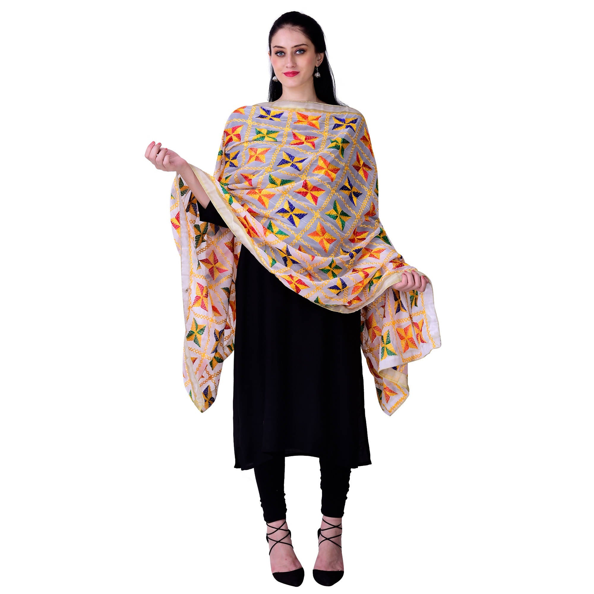 SWI Stylish Women's Embroidered Phulkari Chiffon White Dupatta