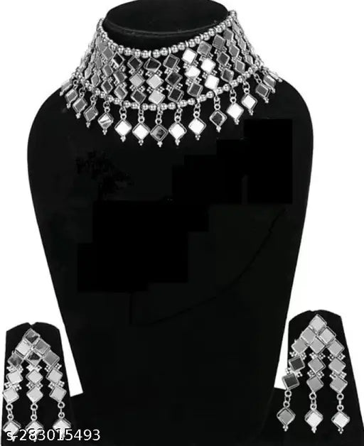 Tehzeeb Creations Women's Silver Oxidised Mirror Design Necklace Set With Bangle