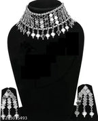 Tehzeeb Creations Women's Silver Oxidised Mirror Design Necklace Set With Bangle