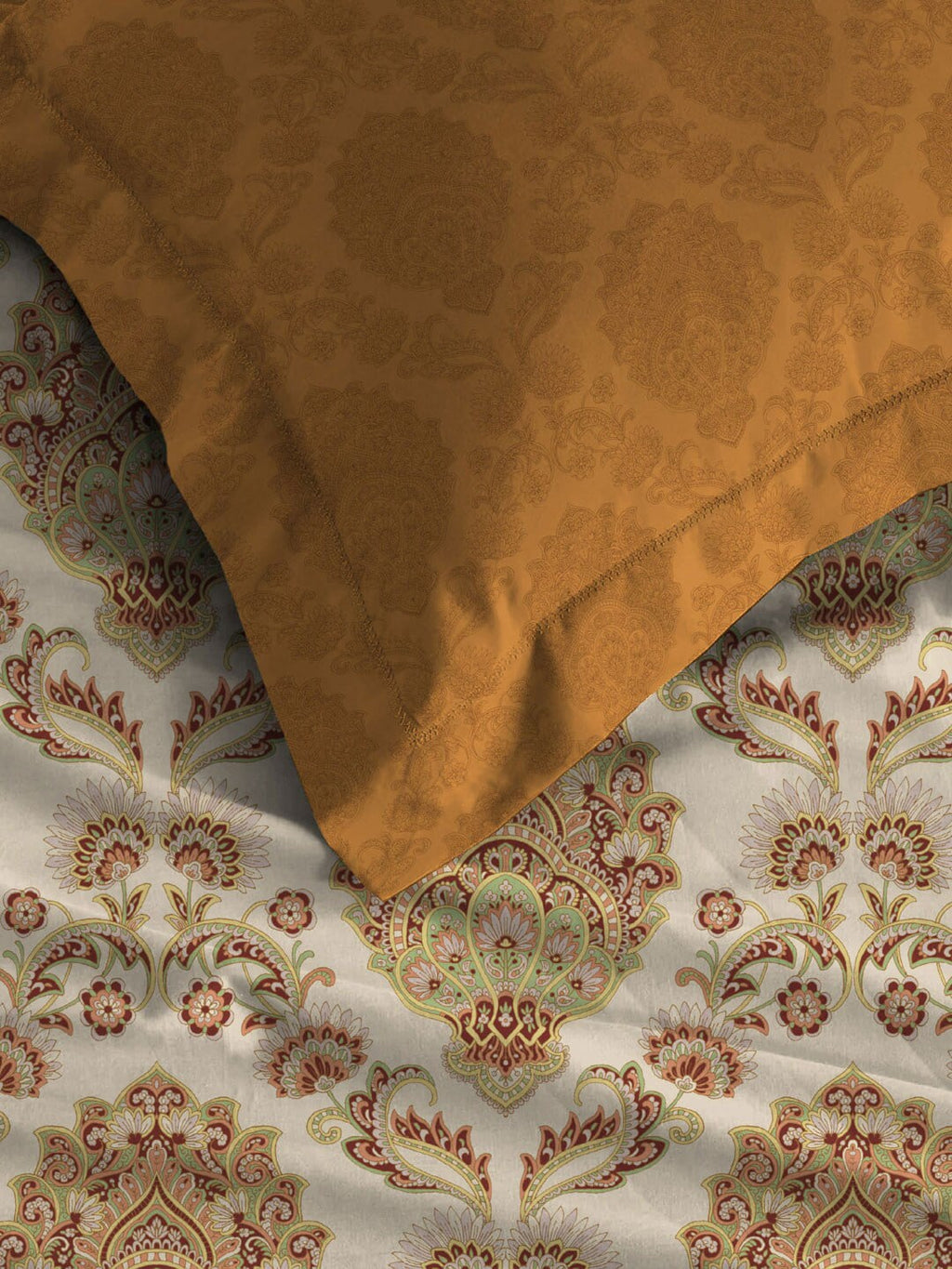 MYTRIDENT Celebration Cream-Coloured Ethnic Cotton 144 TC Queen Bedsheet & 2 Pillow Covers