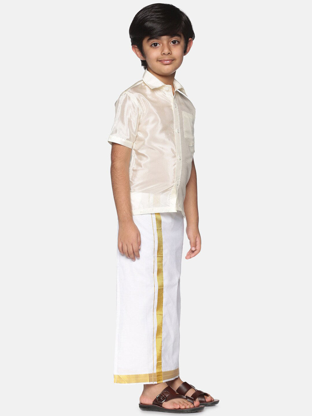 Sethukrishna Boys Cream-Coloured & Gold-Toned Shirt with Dhoti Set