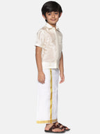 Sethukrishna Boys Cream-Coloured & Gold-Toned Shirt with Dhoti Set