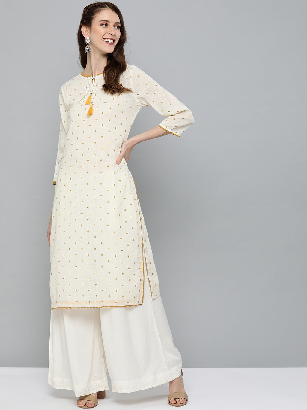 HERE&NOW Women Off-White & Mustard Yellow Geometric Printed Straight Kurta