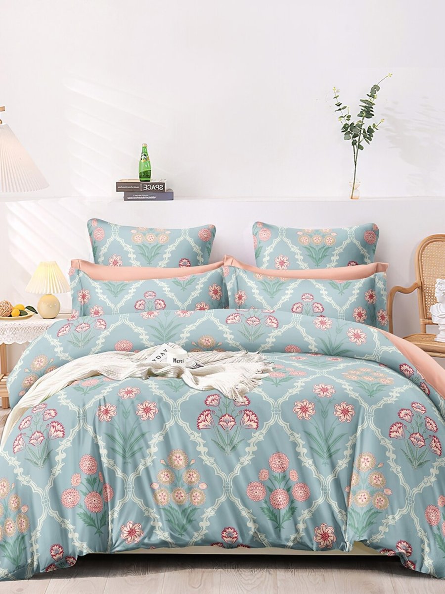 AEROHAVEN Premium Blue & Pink Ethnic Motifs Cotton 300 TC King Bedsheet & 2 Pillow Covers