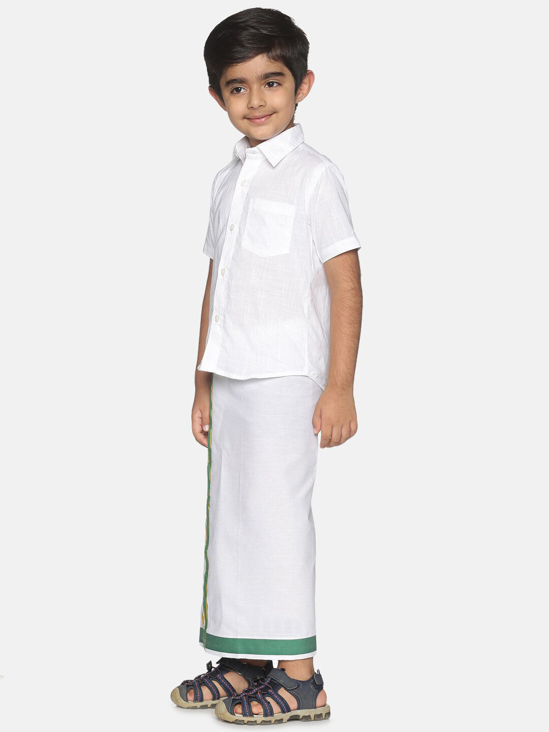 Sethukrishna Boys White & Green Pure Cotton Shirt with Dhoti