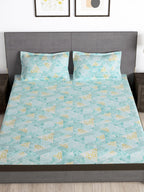 Story@home Arena Blue & Gold-Toned Printed 180 TC Bedsheet & Pillow Covers - Distacart