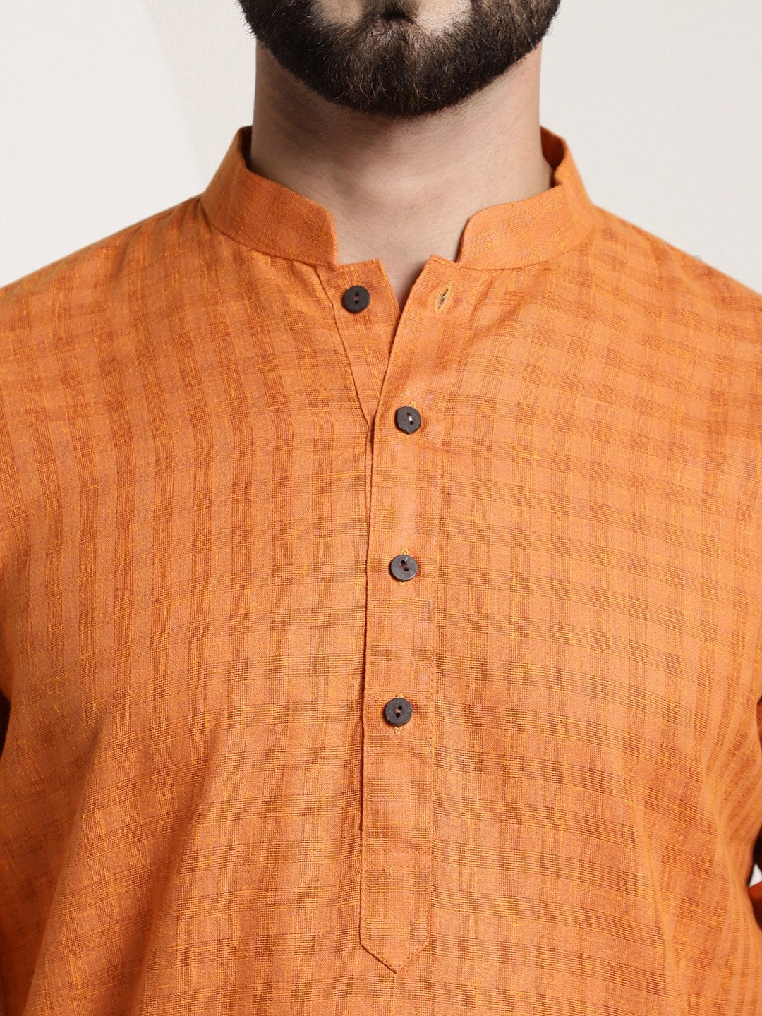 Sojanya Men Orange Dobby Self-Checked Straight Kurta