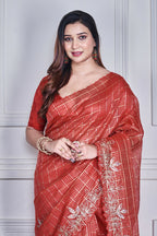 Morchari Red Kota Check Zari Embroidery Saree Unstitched Blouse - Distacart