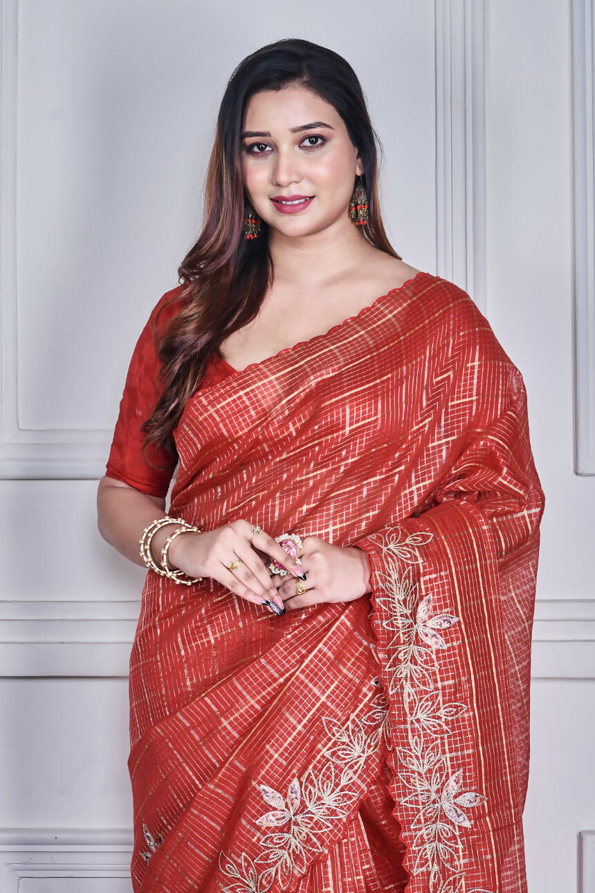 Morchari Red Kota Check Zari Embroidery Saree Unstitched Blouse - Distacart